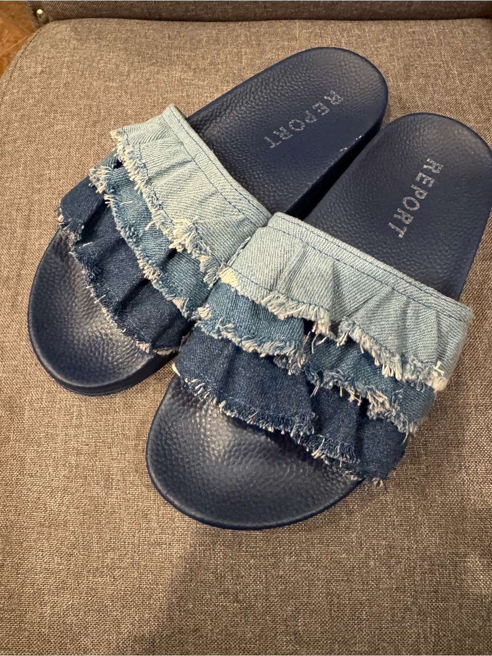Report Women's Navy Denim Ruffle Slide Sandals